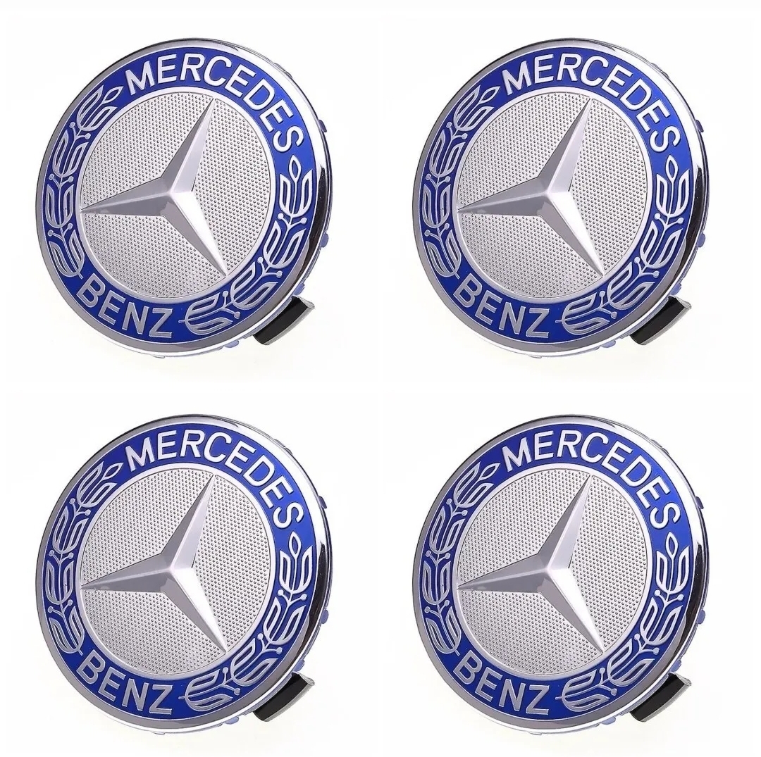 MERCEDES BENZ x 4 Alloy Wheel Centre Hub Caps 75mm BLUE GBS247